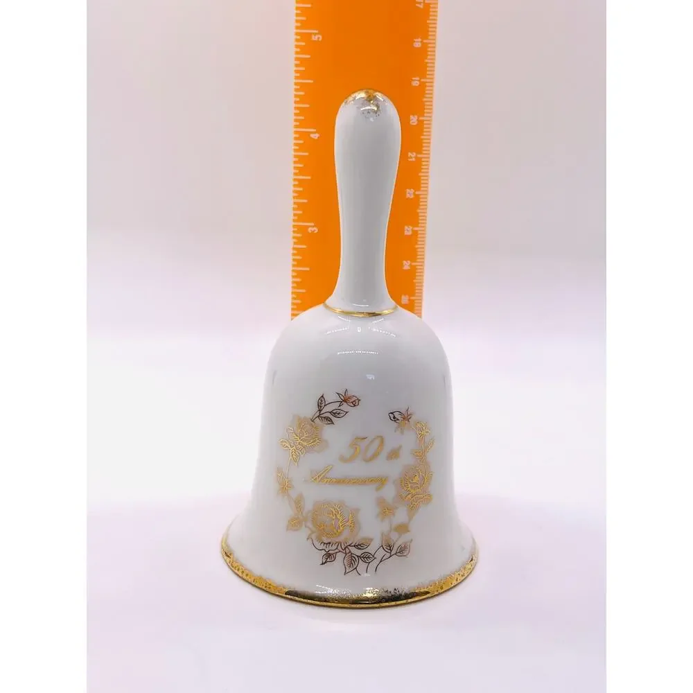 VTG Enesco 50th Golden Wedding Anniversary Porcelain‎ Bell White & Gold Floral
